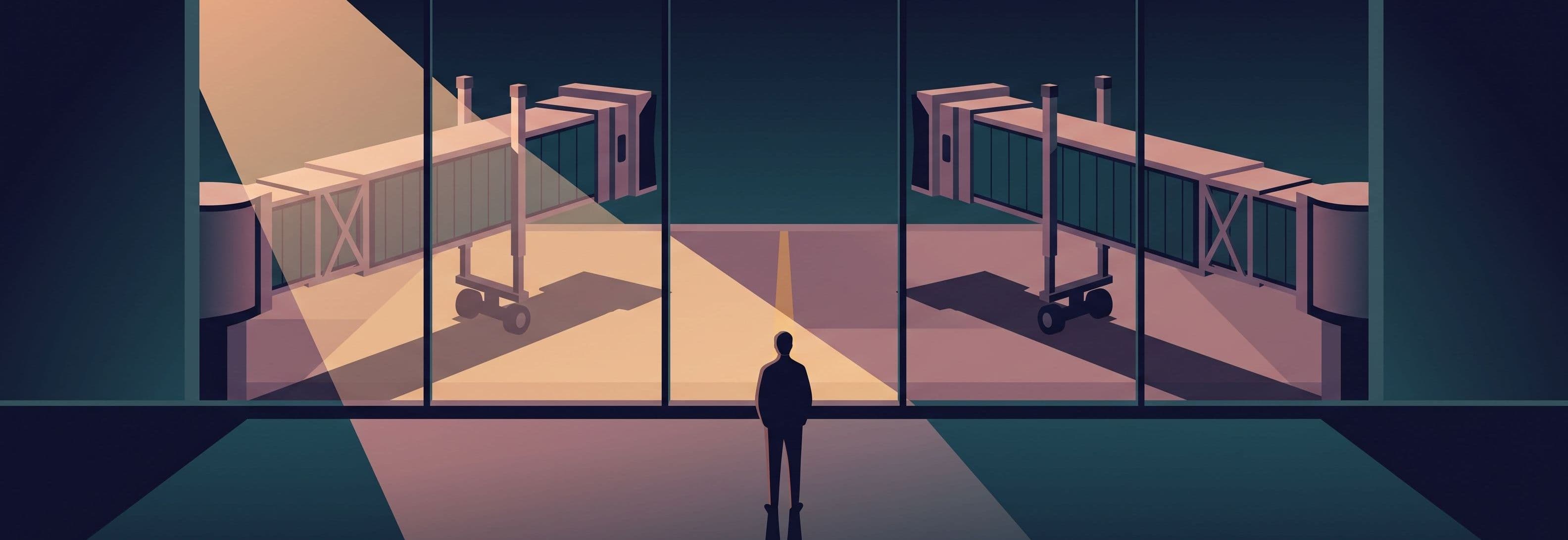 Silhouetted figure in empty night gate lounge. Two identical jet bridges beyond glass hang suspended above ground, shadows