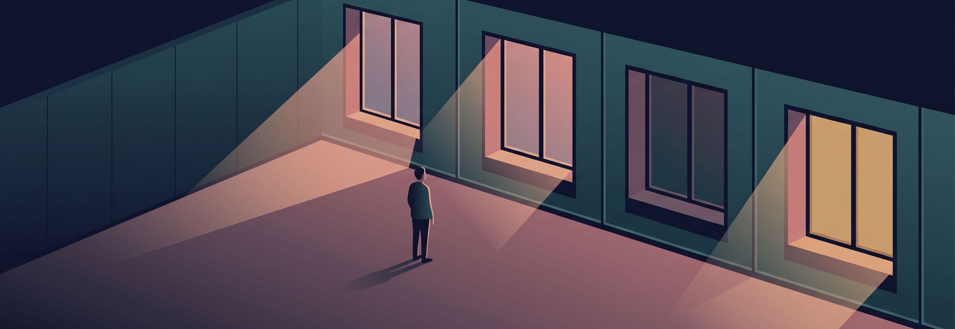 Figure in empty office facing four identical windows that each cast light at different impossible angles, or no light at all.