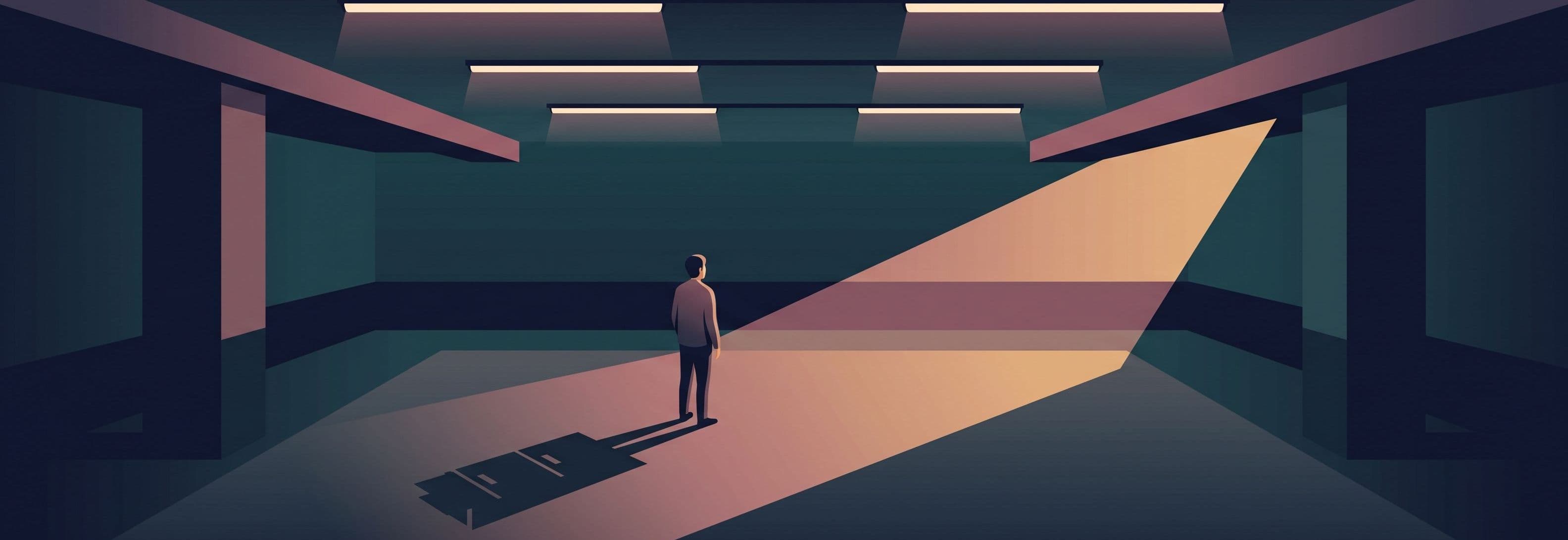 Lone figure in empty car park beneath four identical ceiling lights, casting the shadow of a filing cabinet.