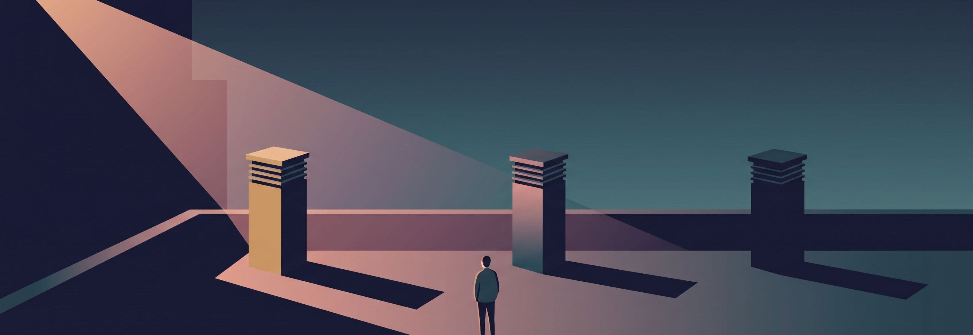 Lone figure on a rooftop facing three identical ventilation stacks. Each casts a different shadow despite being identical