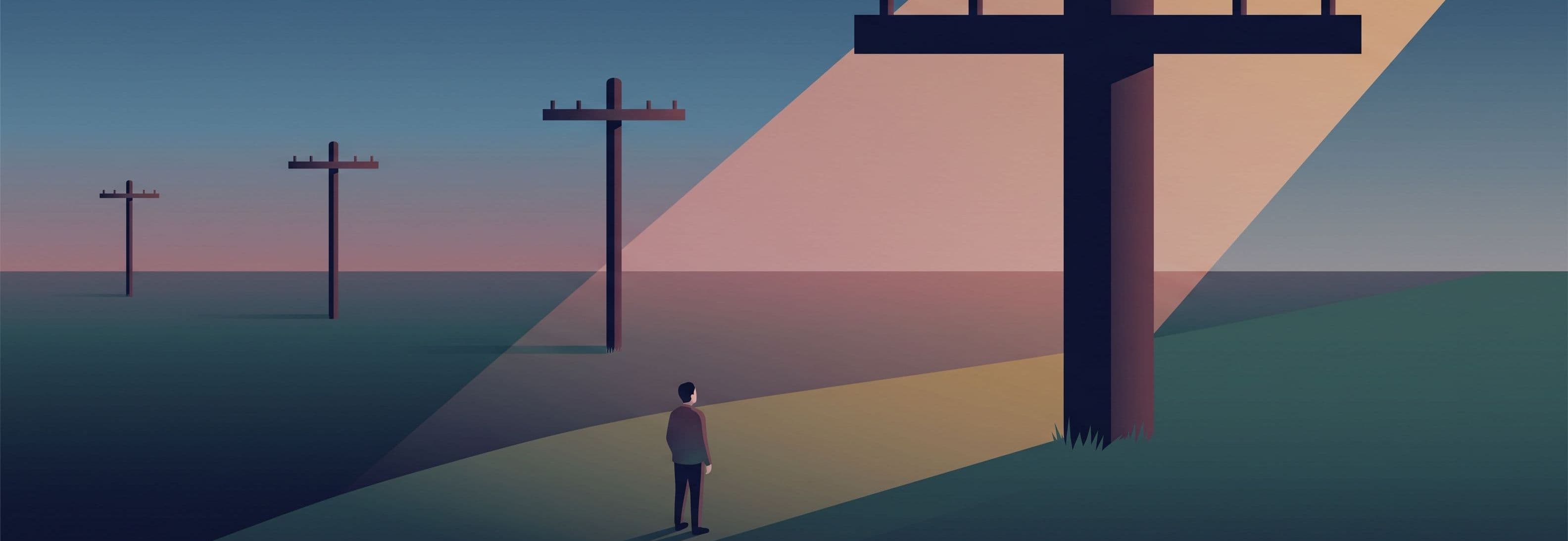 Solitary figure in a dusk field with four telegraph poles receding into distance; the nearest pole is grotesquely oversized