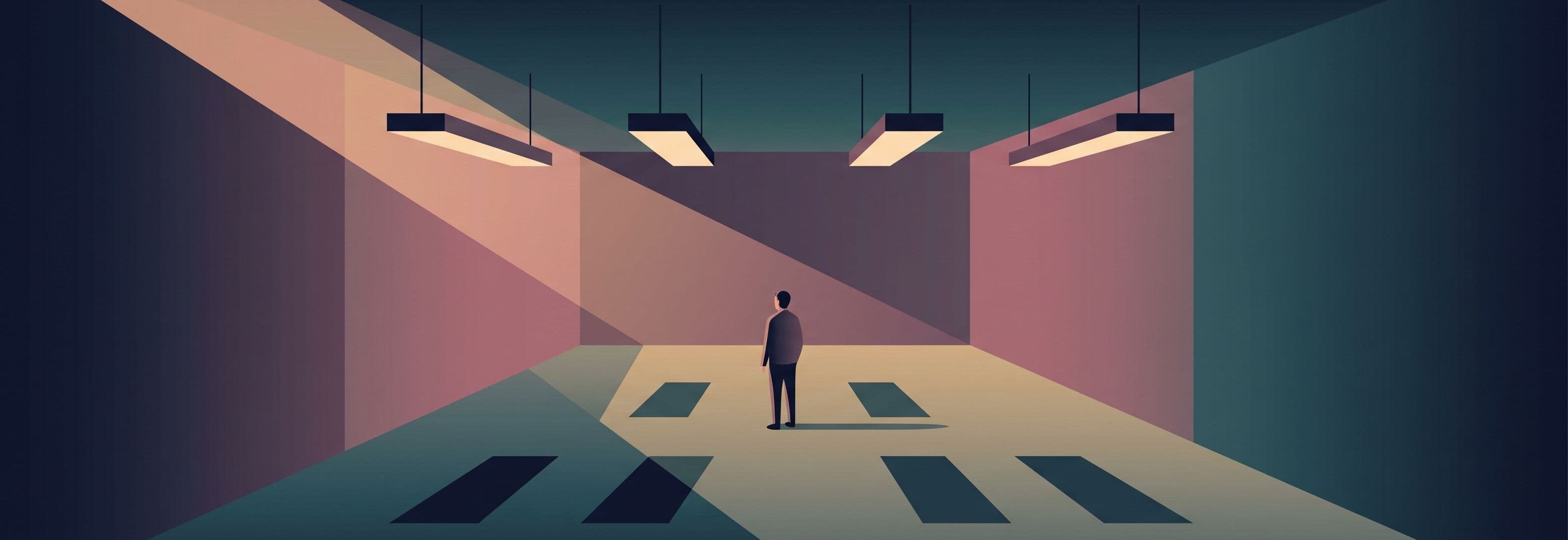 Lone figure in empty corridor beneath four suspended ceiling lights whose shadows still touch the ground below them.