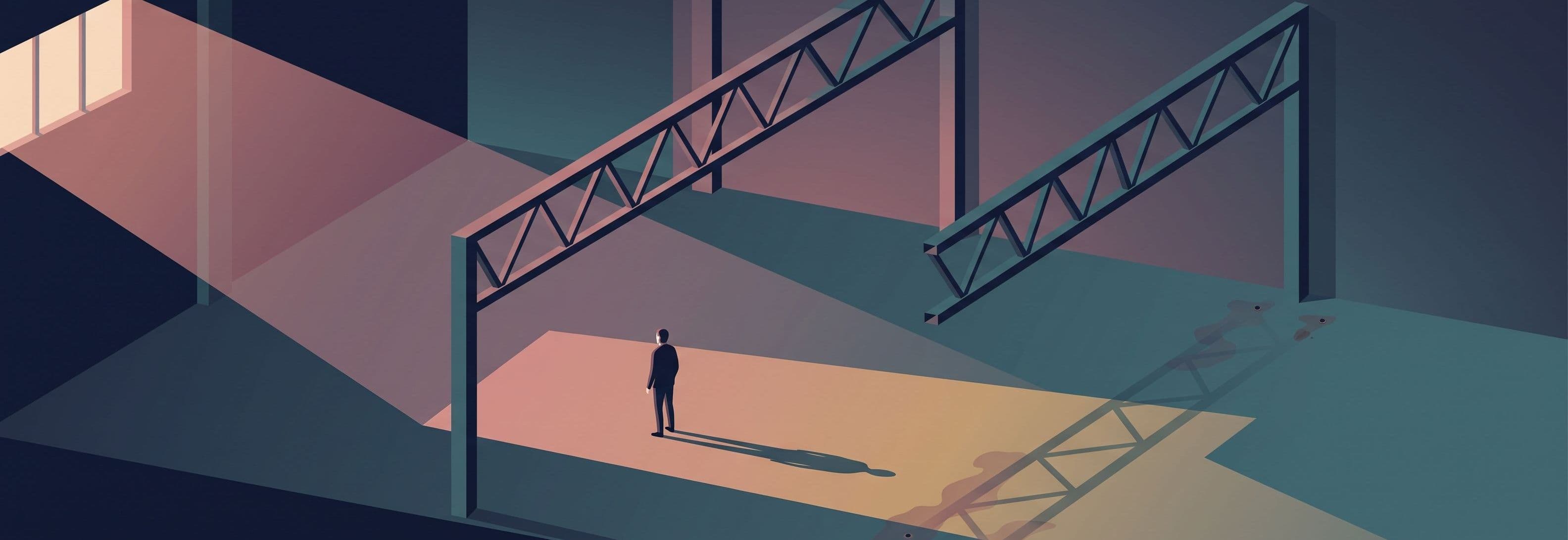 Lone figure in empty warehouse facing two parallel steel trusses. Only one is present; the second's position is marked but