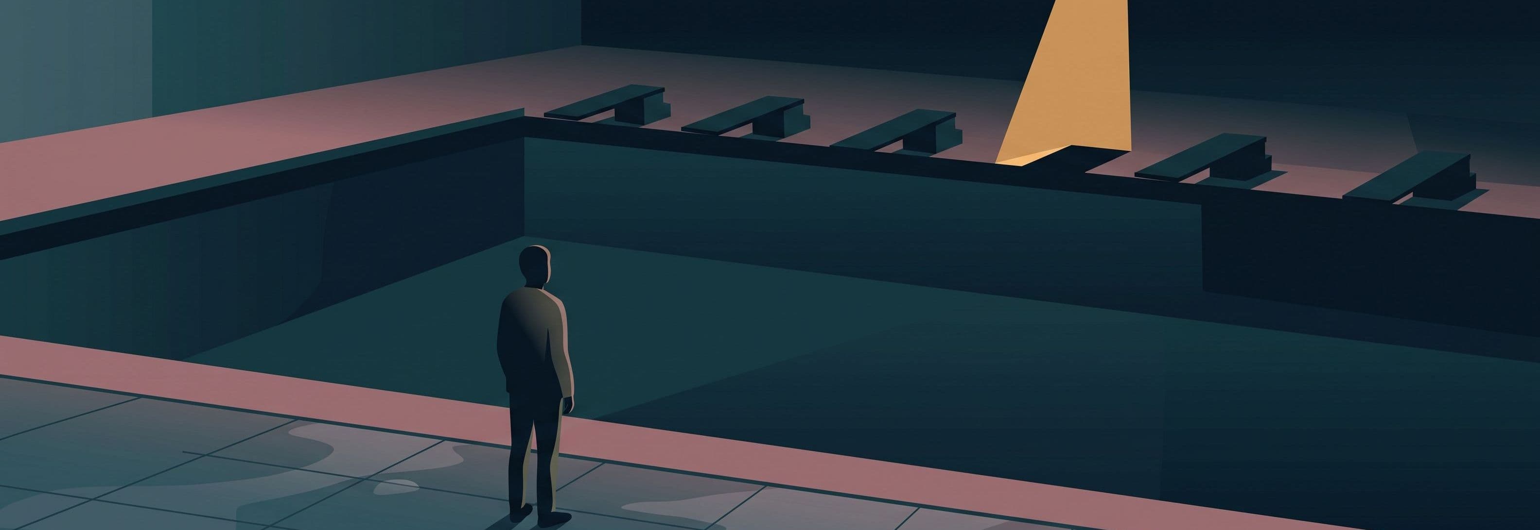 Silhouetted figure in empty pool hall facing a row of diving boards. One missing board is brightly lit; all present boards