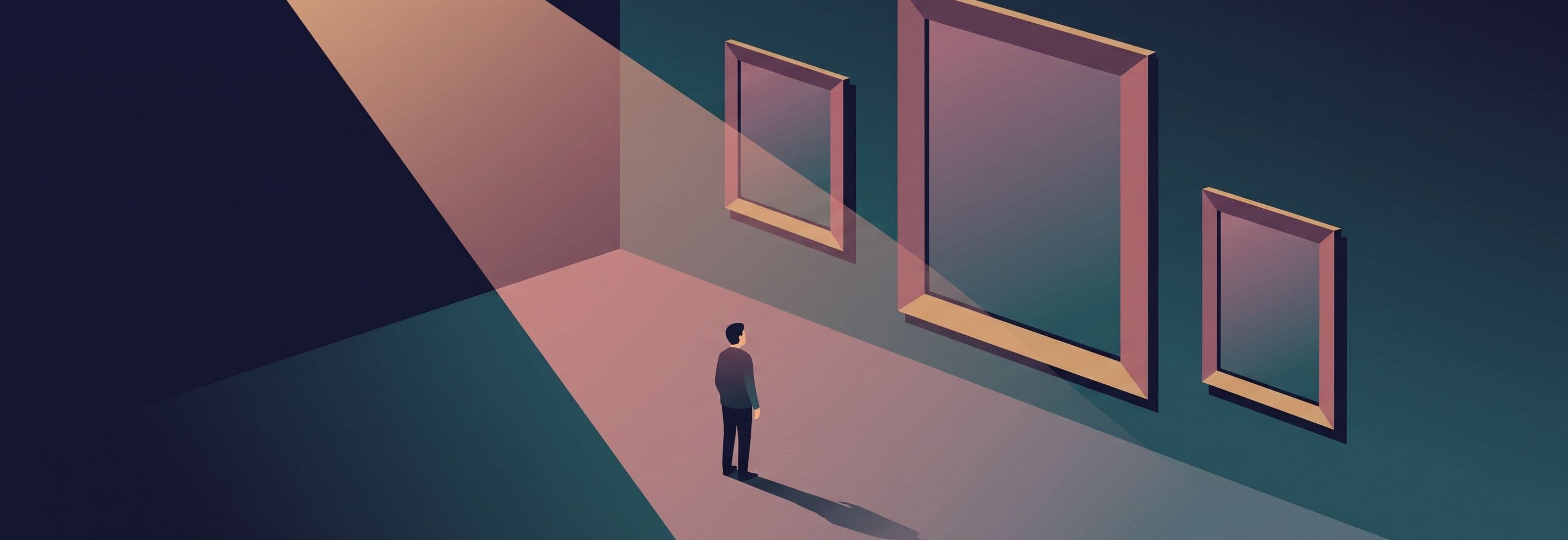 A solitary figure faces three identical picture frames on a gallery wall. The center frame is impossibly oversized, breaking
