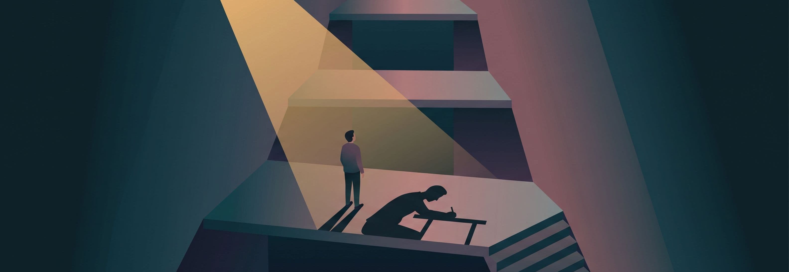 A person stands in a stairwell beneath three identical landings. Their shadow shows them sitting at a desk, working.