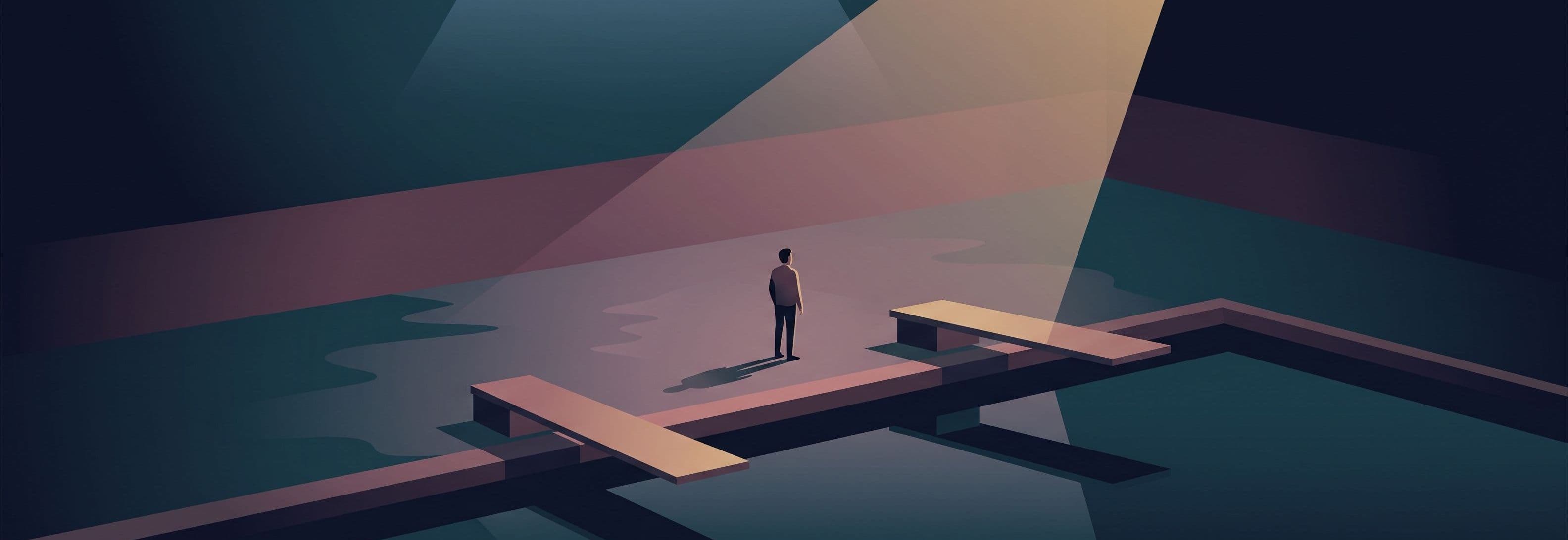 Figure in empty pool hall at night faces two identical diving boards. One towers four times higher than the other for no