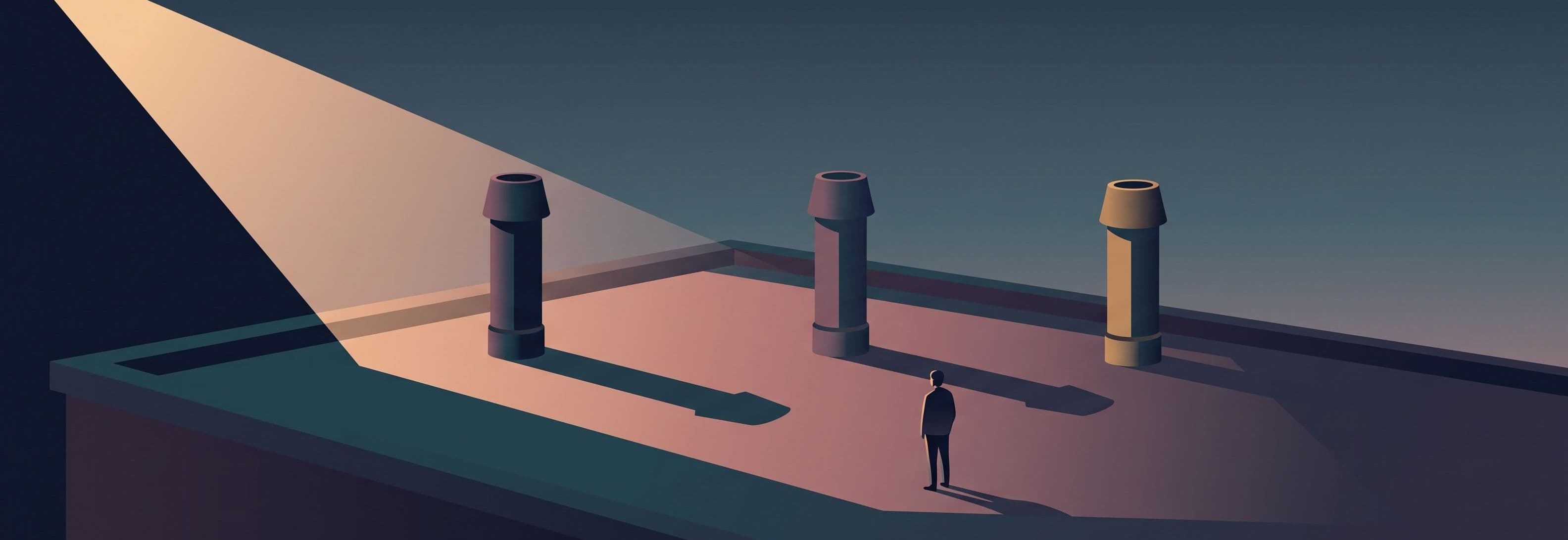 Figure on rooftop faces three identical ventilation stacks. Shadows they cast disagree: long, short, none.