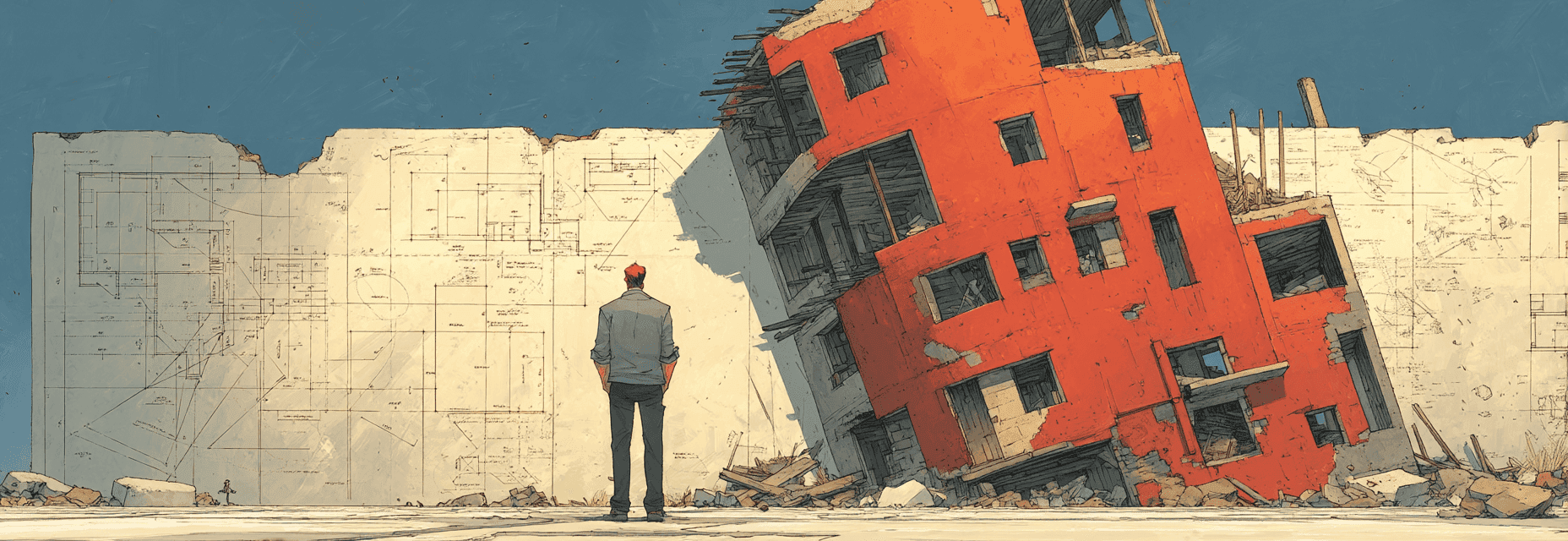 Designer drawing blueprints while unfinished building crumbles behind them, representing premature architecture planning.
