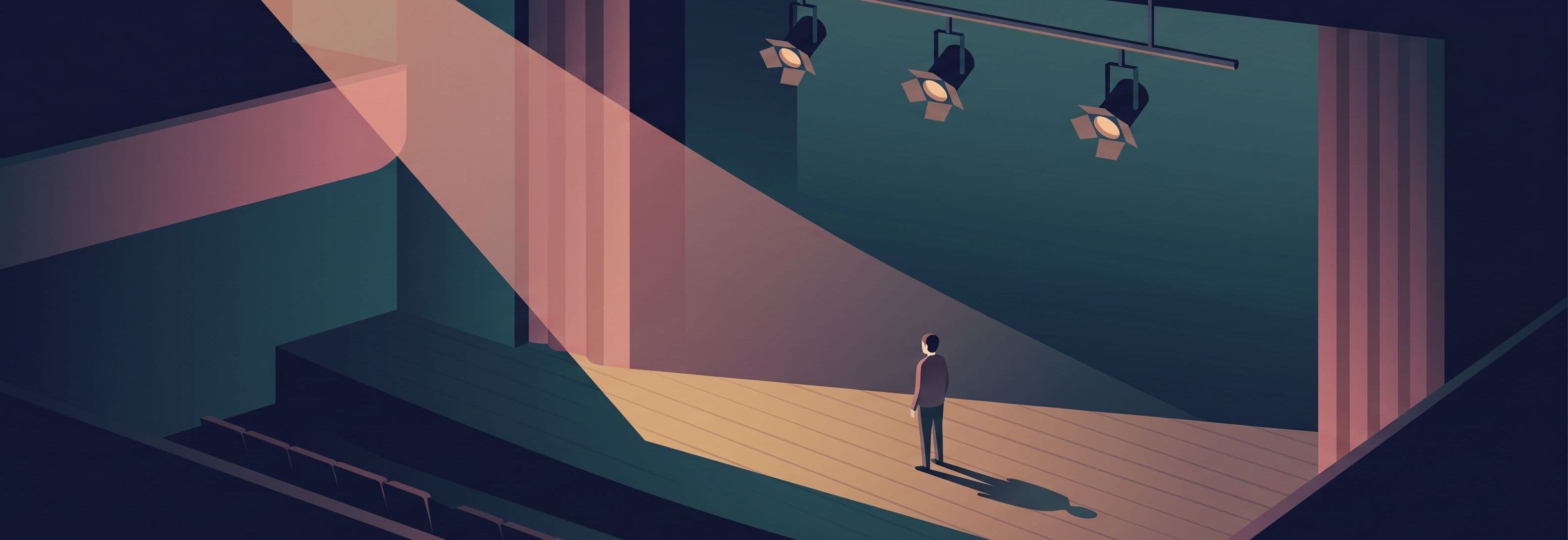 Lone figure on theatre stage. Three identical overhead lights. Figure's shadow does not correspond to any of them.