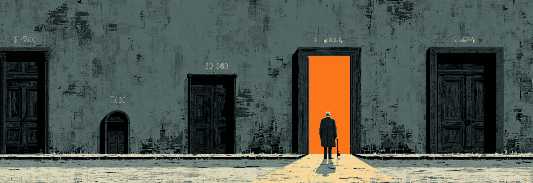 Figure holds oversized key before three ascending doors labeled with infrastructure costs; graph visible only behind smallest