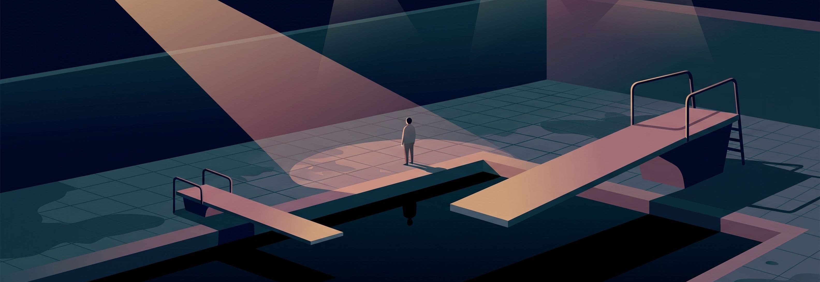 Figure on pool deck at night between two identical diving boards. One board is three times larger than the other. Still water