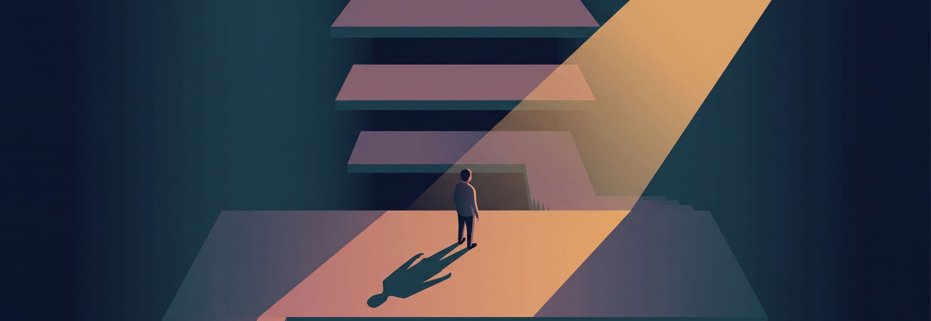 A small figure on a concrete stairwell casts a shadow that bears no resemblance to their body.