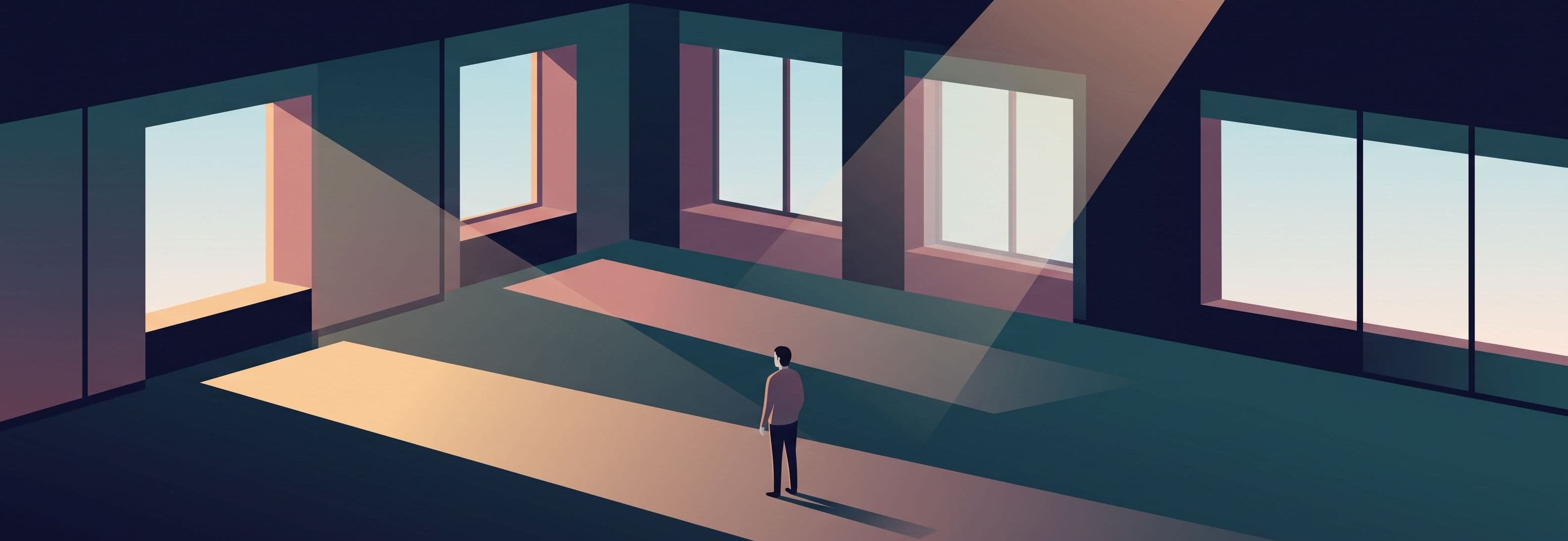 One figure in an empty office. Four identical windows throw four different lights across bare floor.