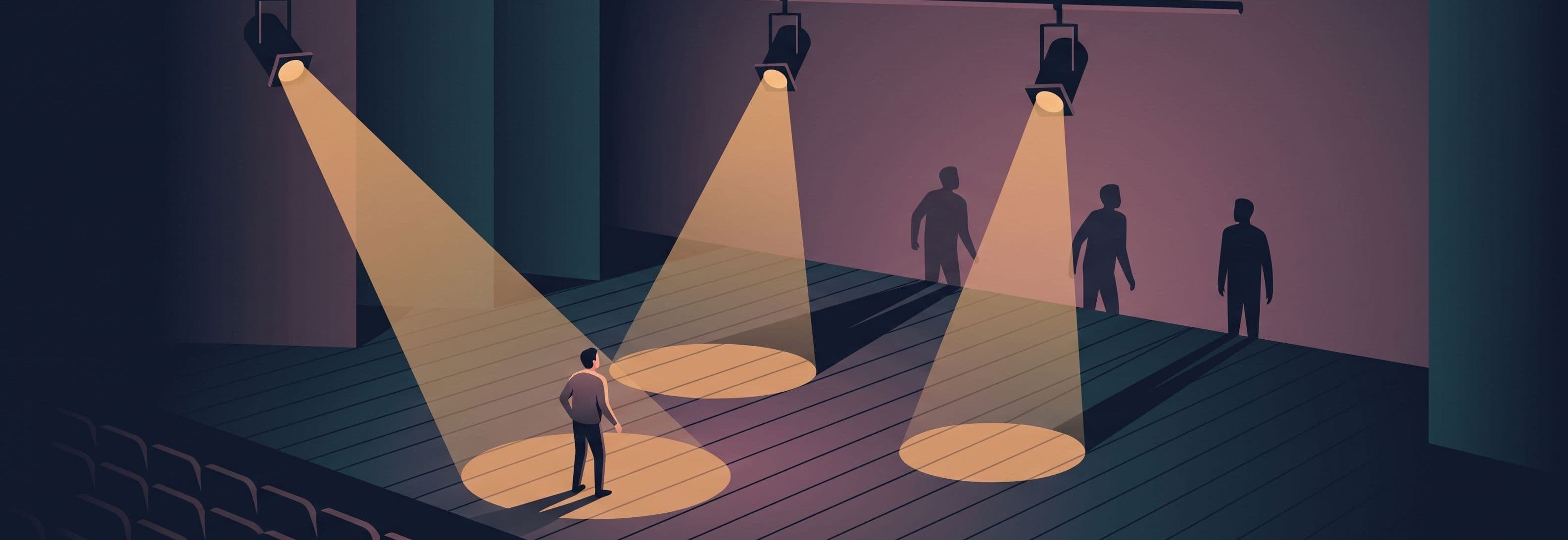 Lone figure on stage beneath three identical lights. Two shadows match the figure's position. One shadow stands