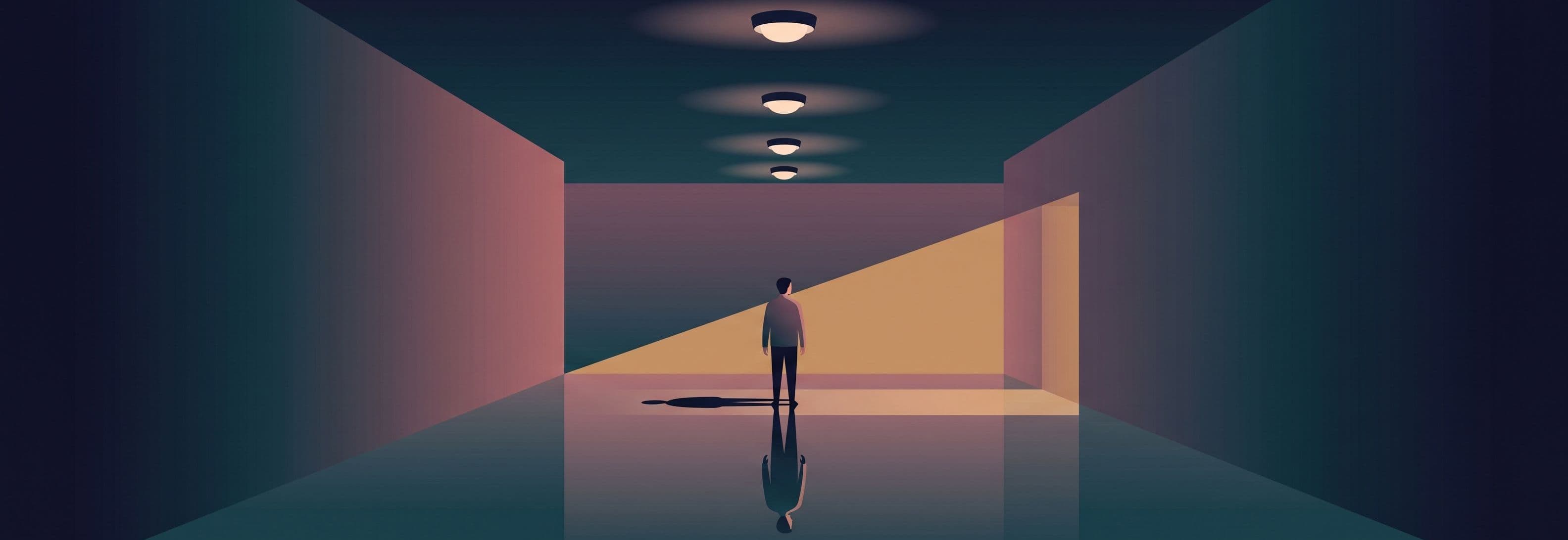 A solitary figure stands in an empty corridor beneath four identical ceiling lights. Its shadow faces away. Its reflection