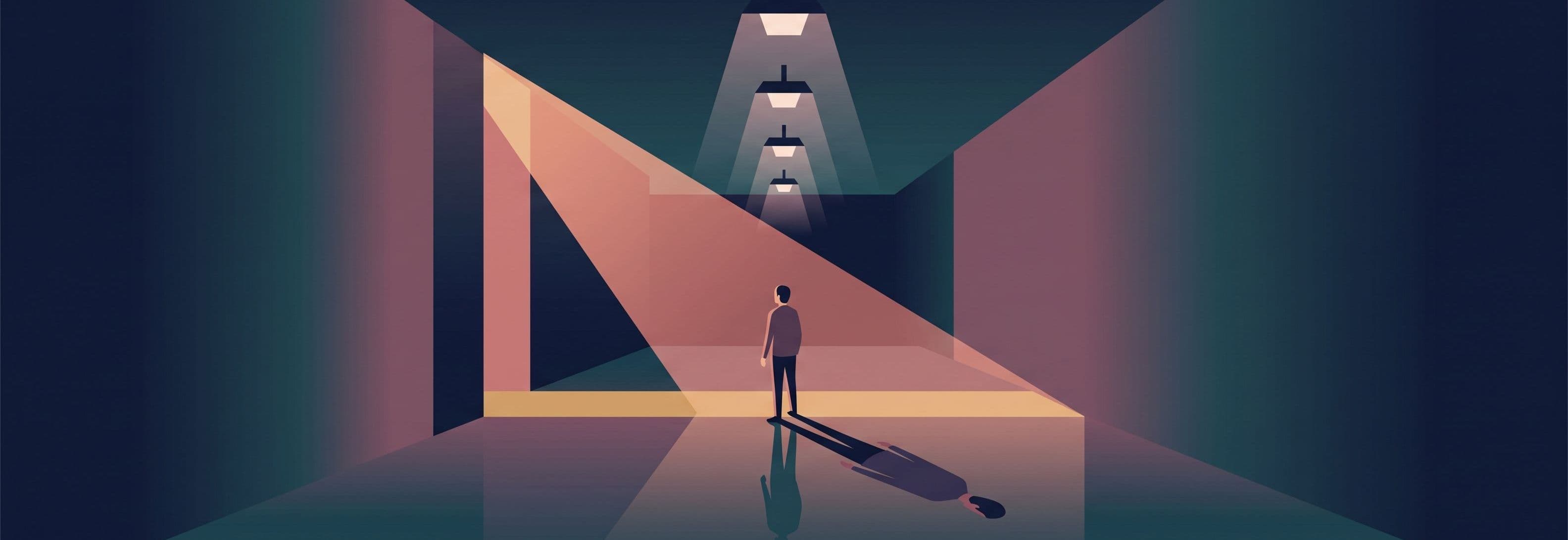 A figure walks a corridor under four identical ceiling lights. Its reflection on the floor stands in a different direction.