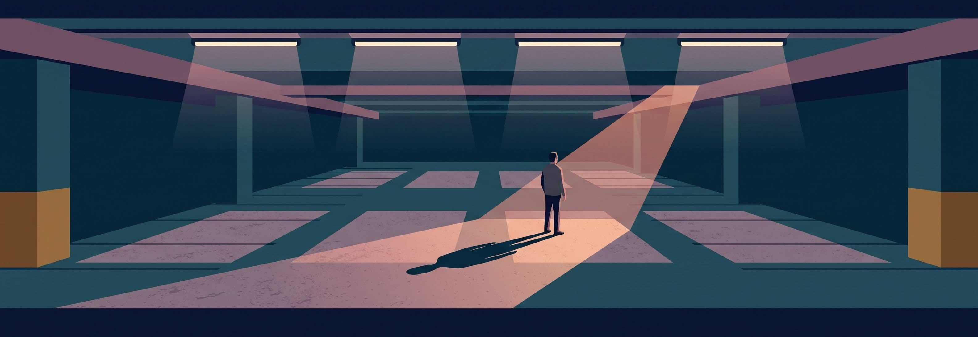 Lone figure in empty car park beneath four identical overhead lights. Shadow cast is not human-shaped.