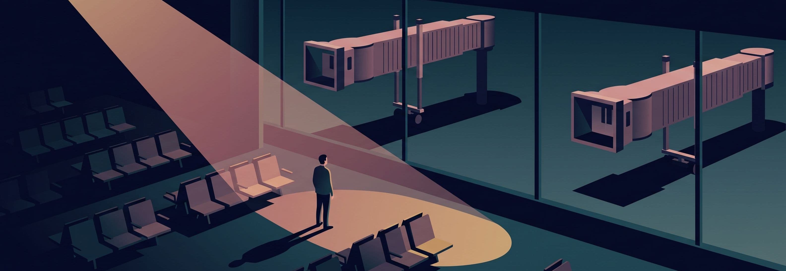 Silhouetted figure in dark airport lounge facing two identical suspended jet bridges whose shadows rest on the ground beneath