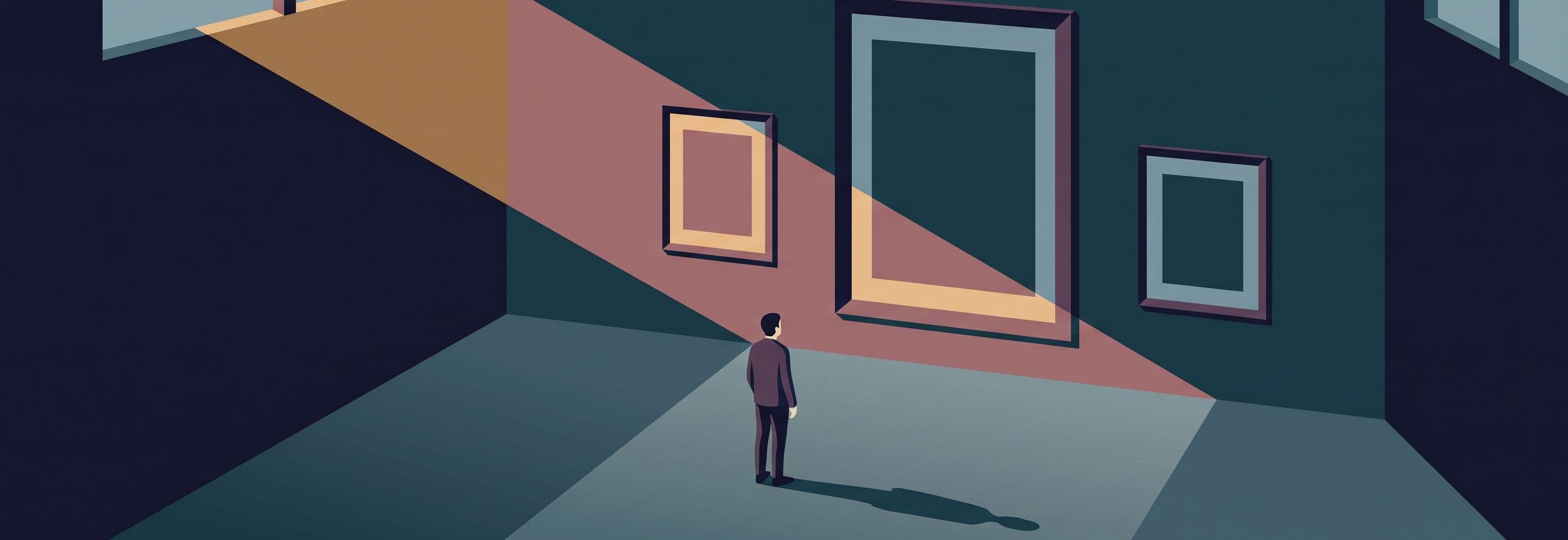 Lone figure in empty gallery facing three identical picture frames on a wall. One frame is inexplicably enormous. All empty.