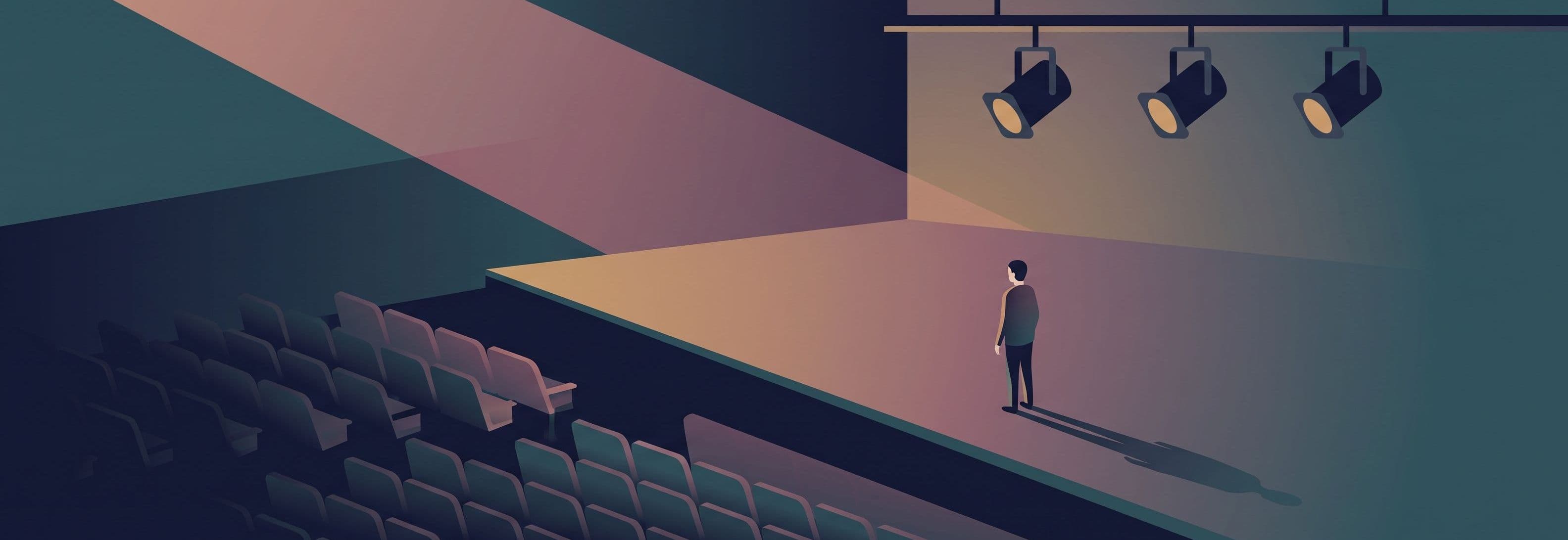 Figure on stage beneath three identical lights. Their shadow points in a direction the lights cannot cast.