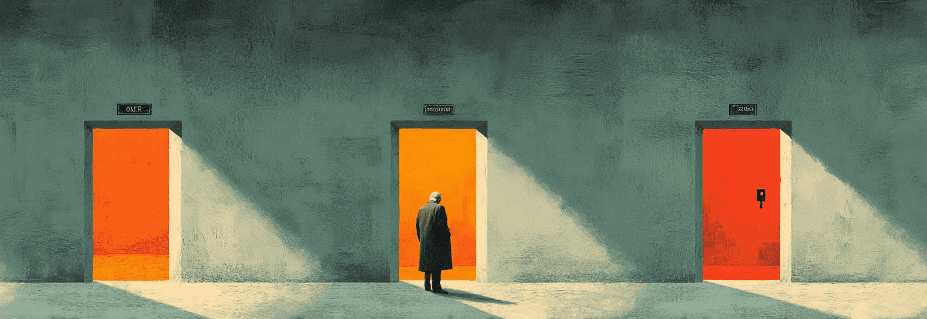 Figure with one key facing three identical doors labeled the same, each hiding a different room. One shadow beneath all three