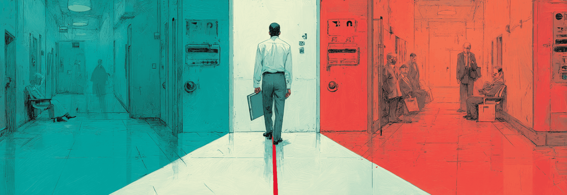 Figure at corridor fork, unable to choose between technical solution and executive accountability, connected by impossible re