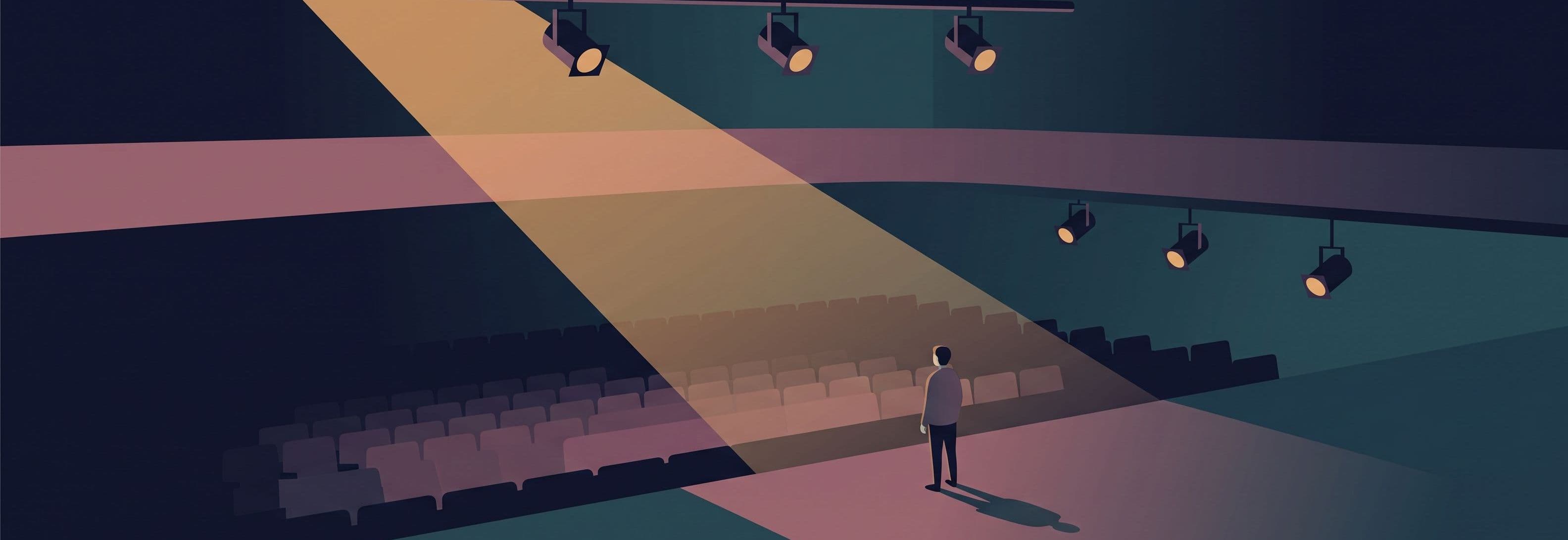Solitary figure on stage facing empty auditorium. Three identical lights overhead cast reflections on far wall that defy the