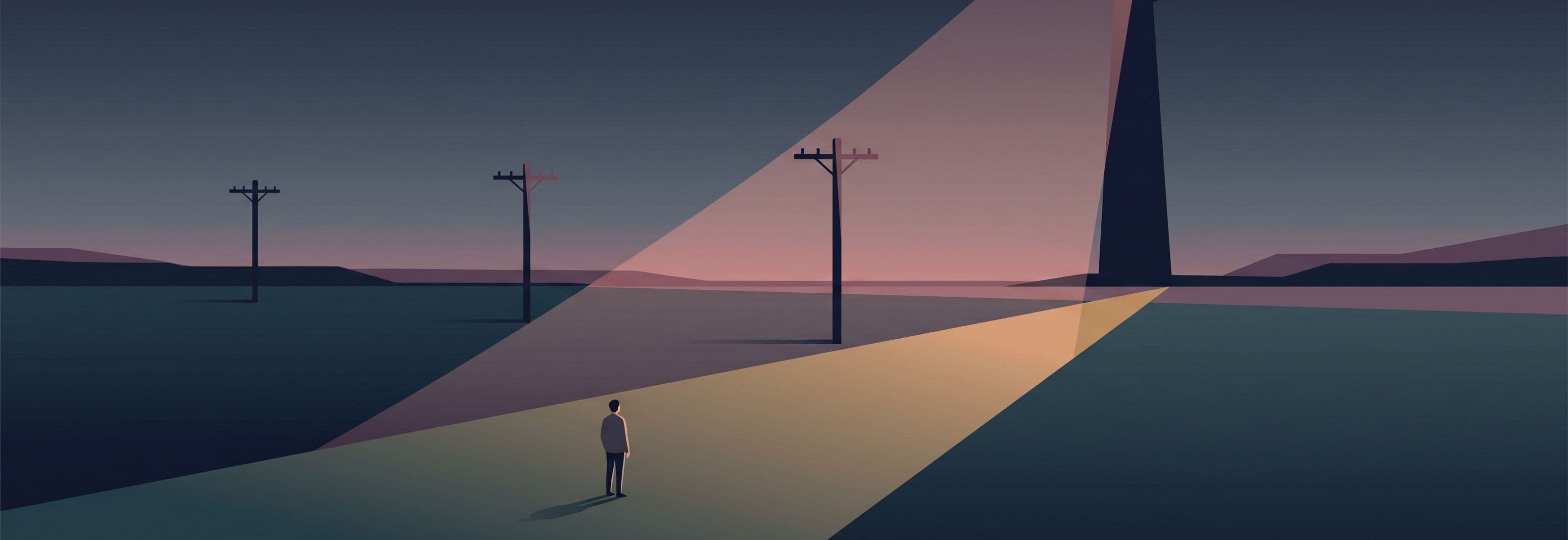 A solitary figure faces four telegraph poles across a grass field at dusk. Three are normal. The fourth, farthest away, is