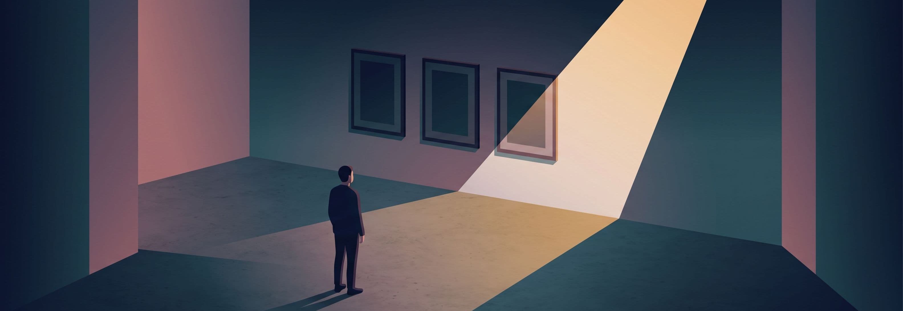 Empty gallery. One figure facing a row of three identical frames. The missing fourth frame is brightly lit while the three