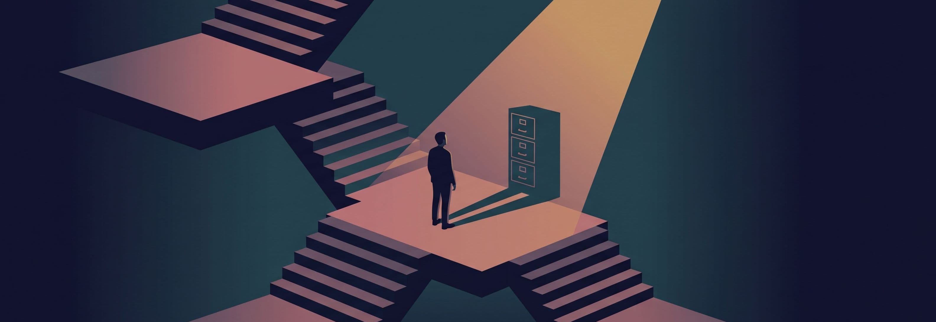 A person stands in a stairwell. Their shadow on the wall is a filing cabinet.