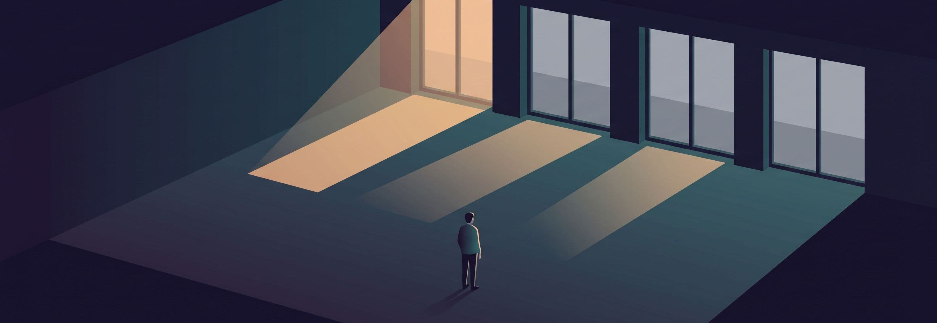 One figure in empty office faces four identical windows casting four different light angles, one casting none.