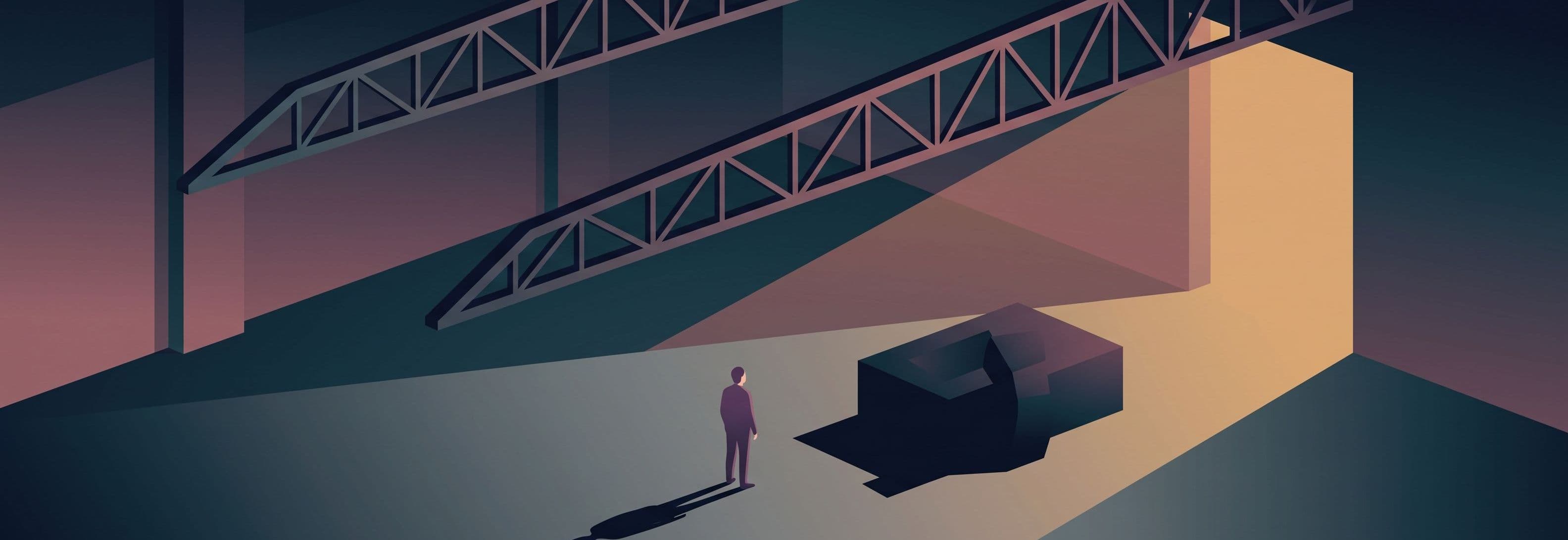 Lone figure on bare concrete beneath two identical steel trusses, casting the shadow of something that isn't there.