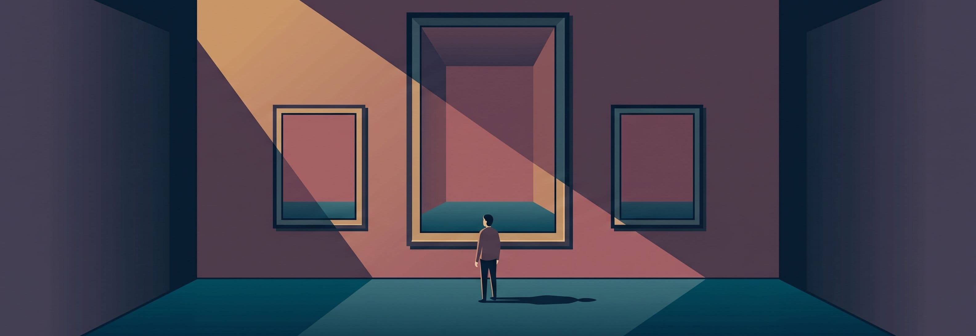 A solitary figure stands before three identical picture frames on a gallery wall. The center frame is impossibly