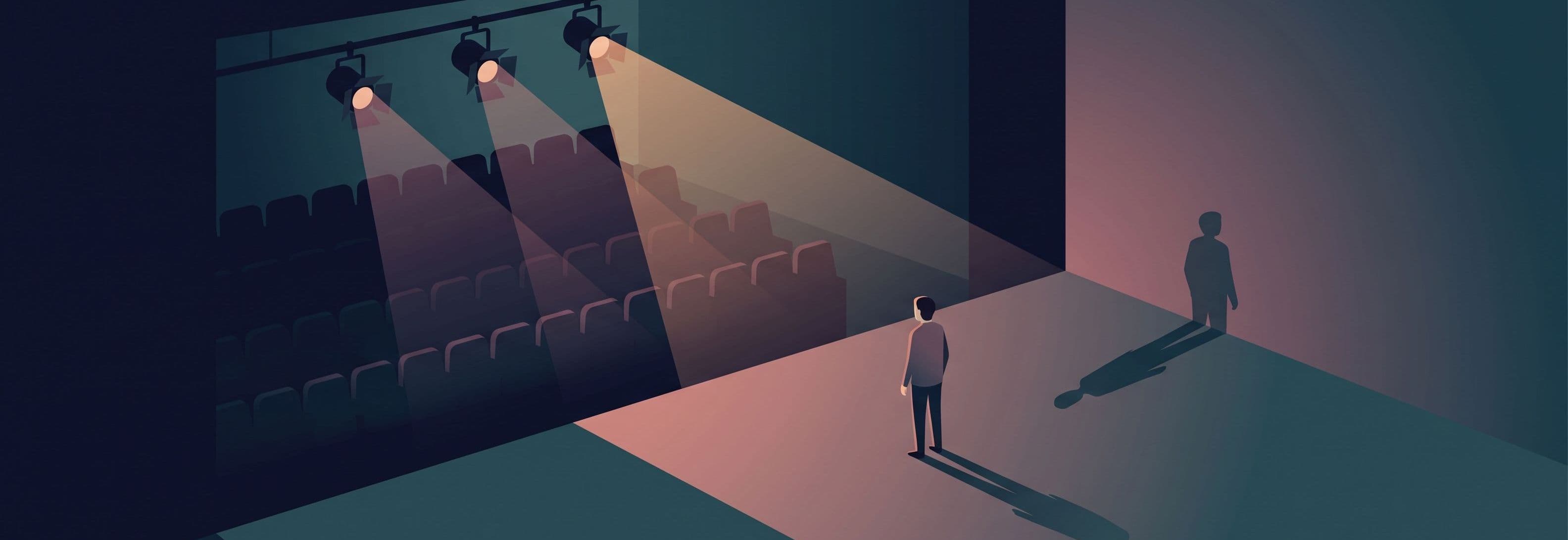 Lone figure onstage beneath three identical lights; shadow on auditorium wall does not match figure's stance.