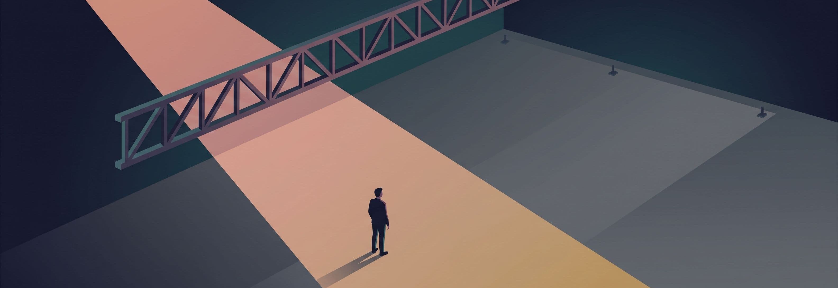 Lone figure in empty warehouse facing a single steel truss. A second identical truss is missing from its marked position in