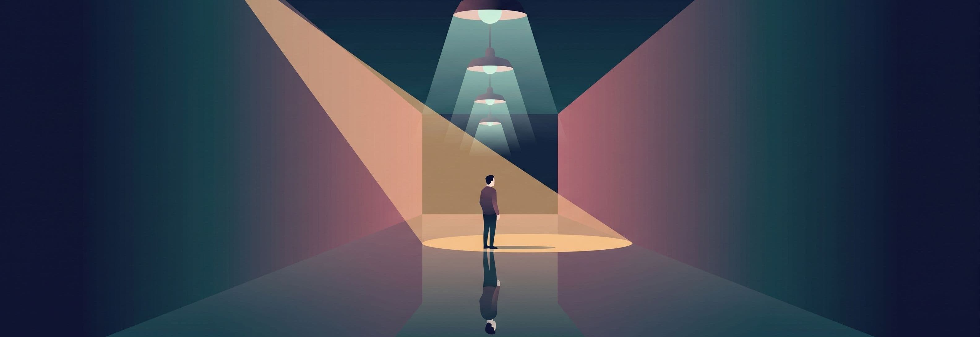 Figure faces forward down a corridor. Its reflection on the floor faces sideways, turned away.
