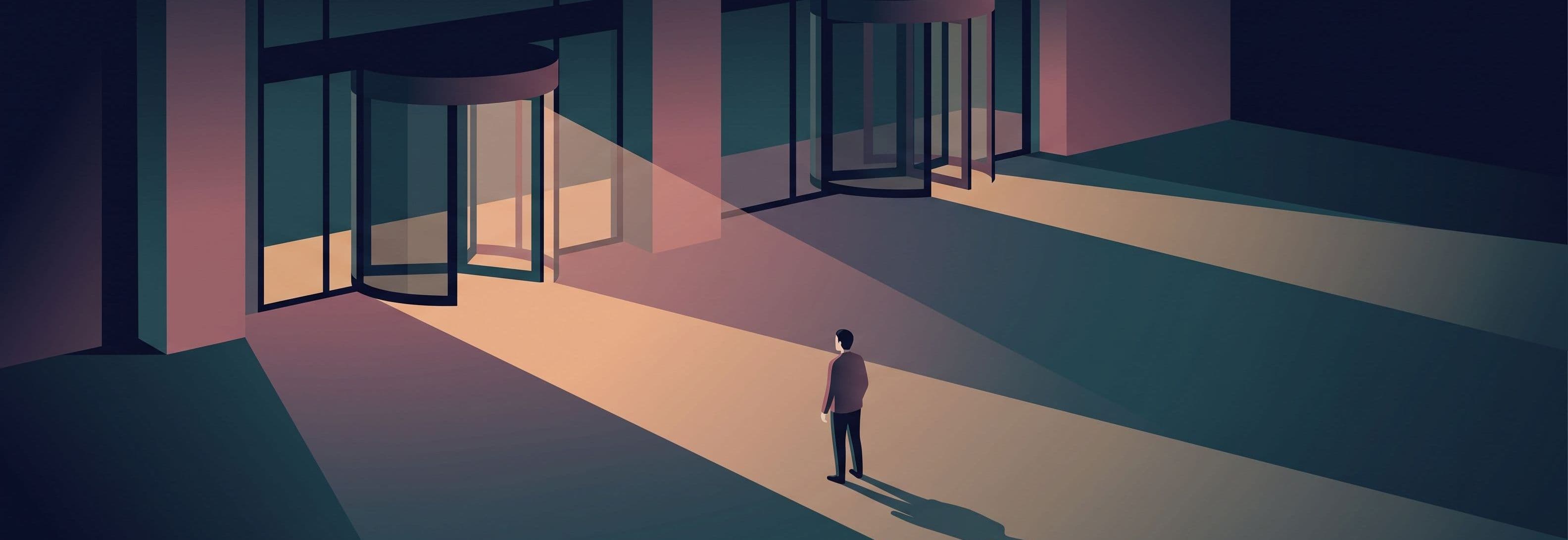 Lone figure in empty lobby at night. Two identical revolving doors. Single shaft of light passes straight through both