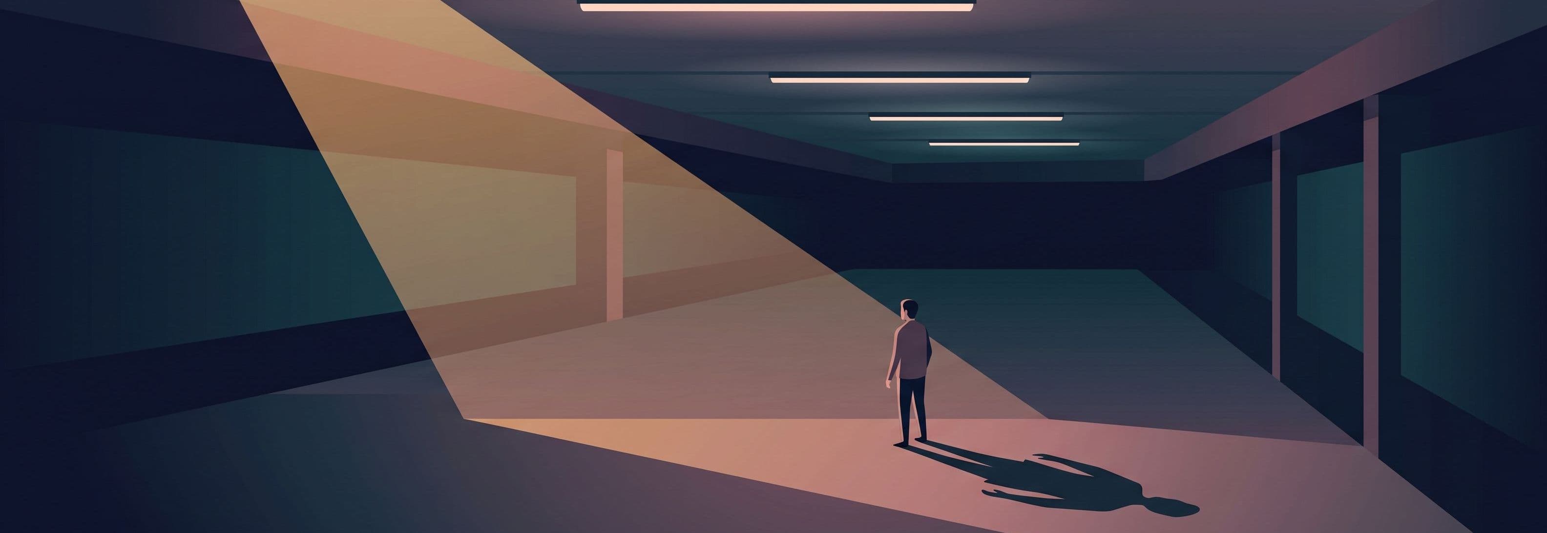 Lone figure in empty concrete garage. Four identical overhead lights. The figure's shadow has a different shape entirely—not
