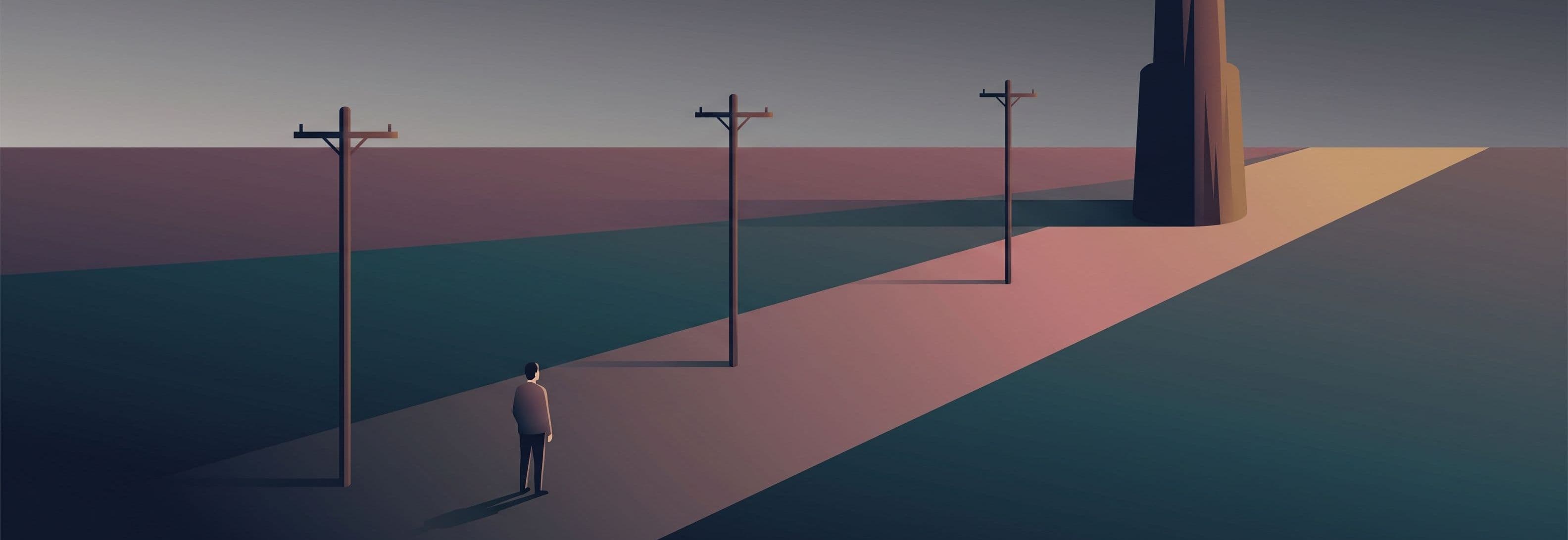A solitary figure faces away across a twilight field. Four telegraph poles recede into distance. The farthest pole is