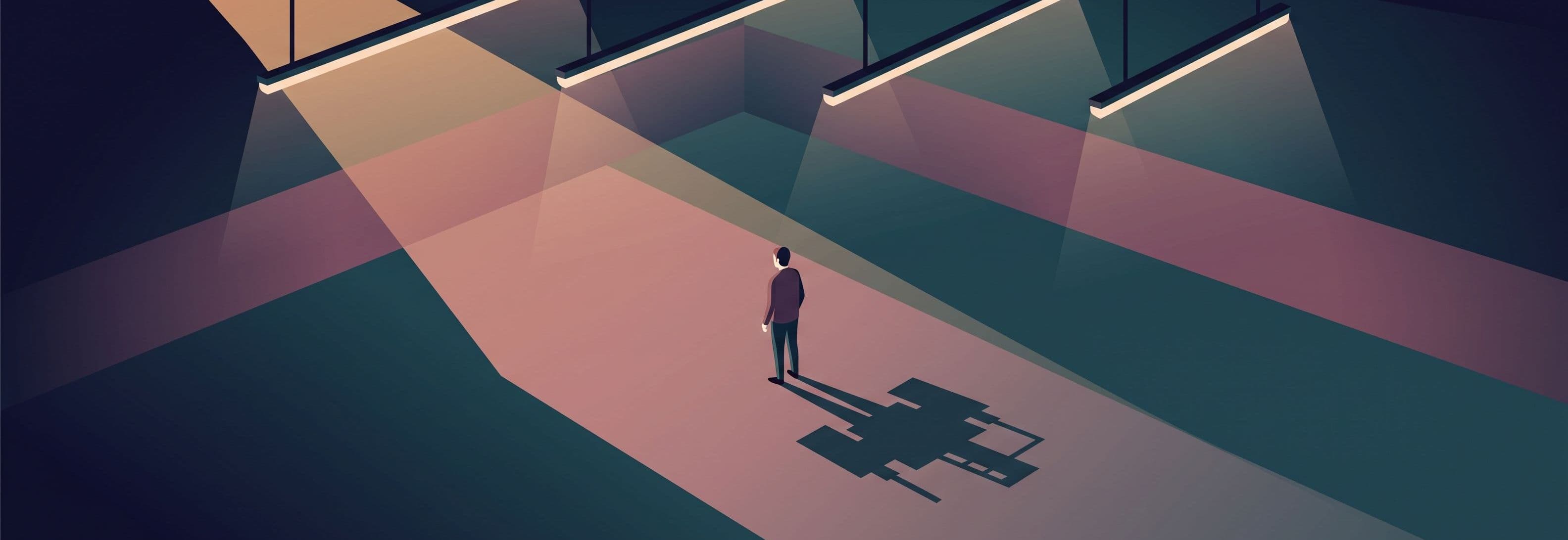 Lone figure in empty concrete car park beneath four identical strip lights, casting a shadow shaped like something other than