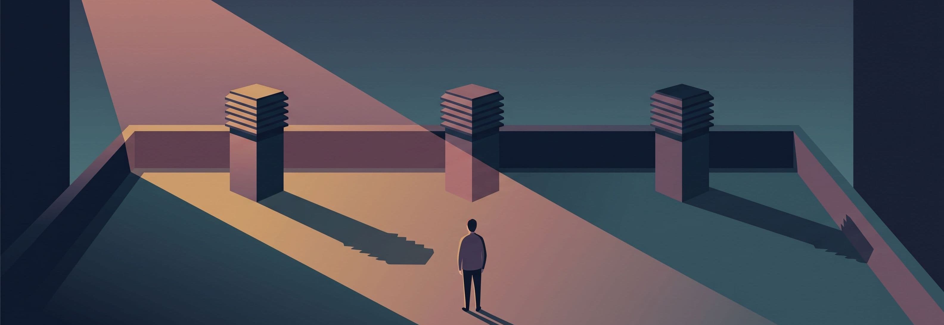 Figure on rooftop. Three identical vents. One long shadow east, one no shadow, one shadow west. Single light source.