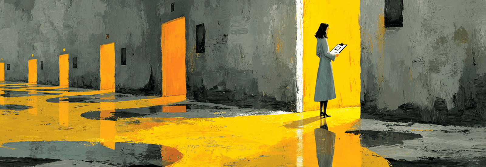 A figure at a crossroads choosing between many identical pilot doors or one open doorway with clear light.