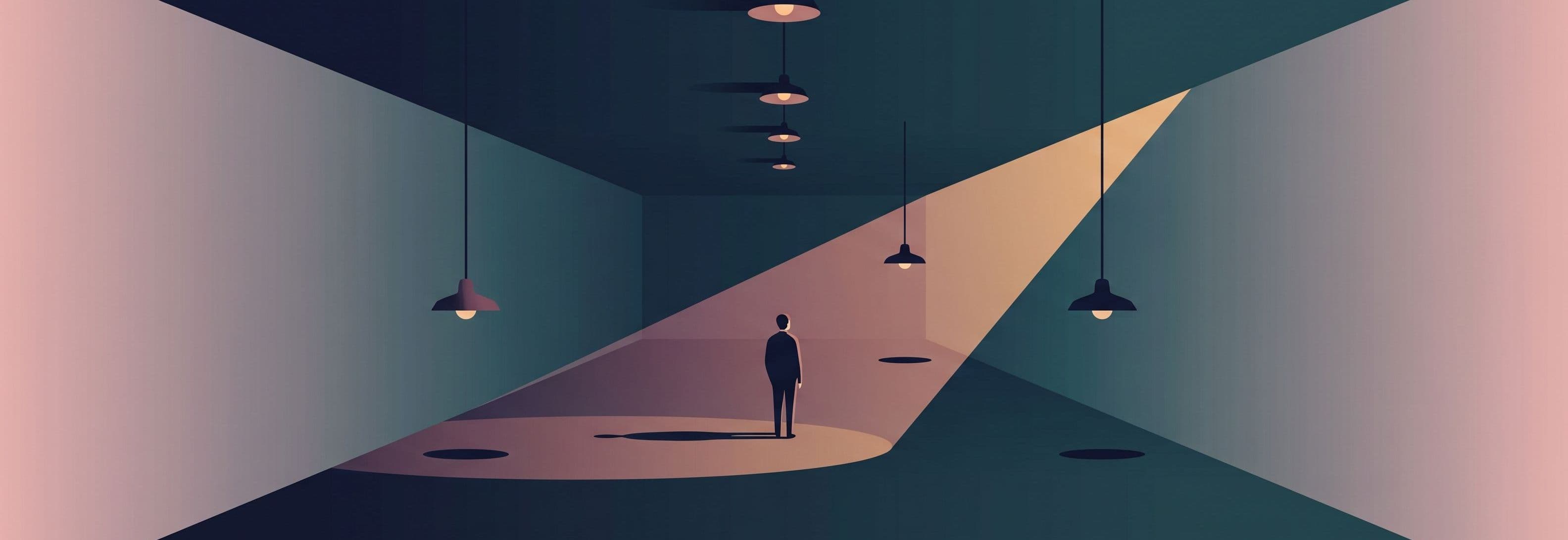 A lone figure in an empty corridor beneath four identical ceiling lights that float above their own shadows.