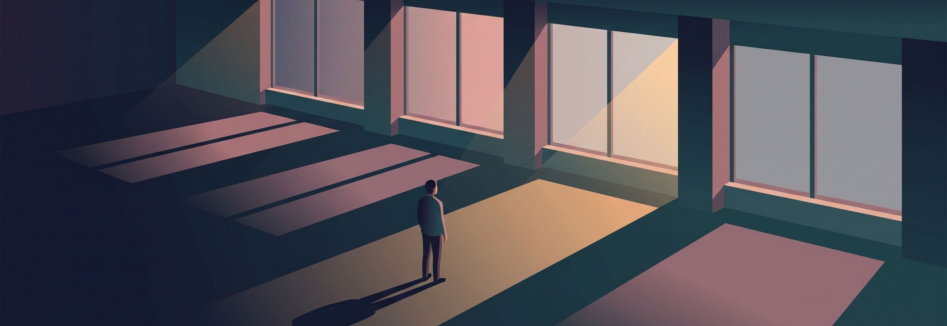 Empty office with four identical windows casting four different shadows, one figure silhouetted against the glass.