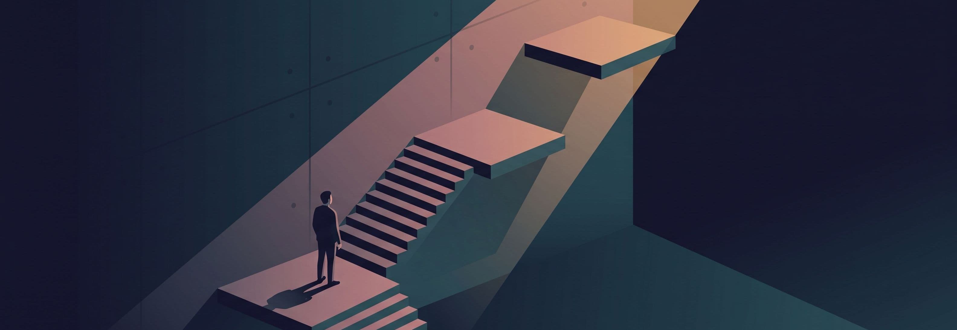 Solitary figure on a concrete landing, looking up at two more identical empty landings above, suspended in the wall with no