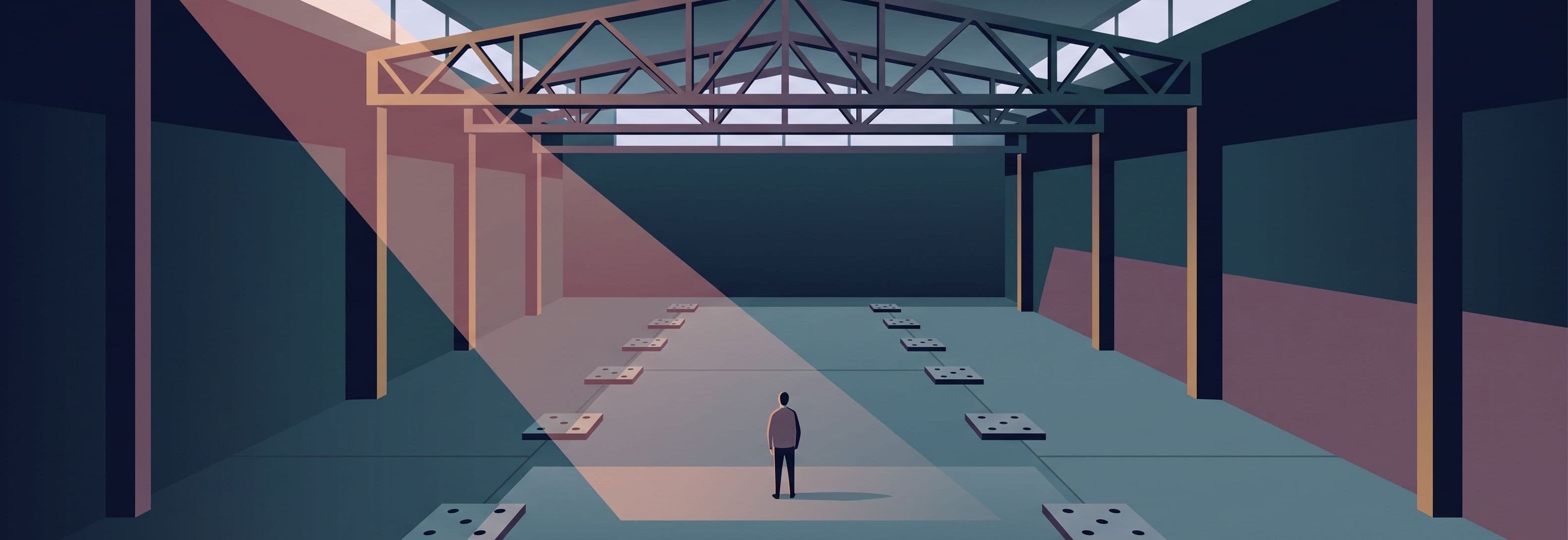 One figure in an empty warehouse beneath a single steel truss, with empty anchor points stretching into the distance where