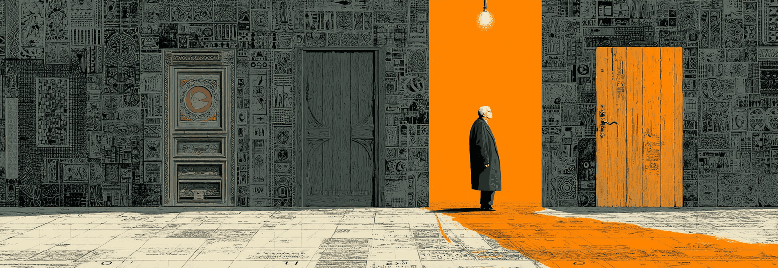 Figure torn between ornate locked door and plain open door, standing on spreadsheet grid with accent cell highlighted.