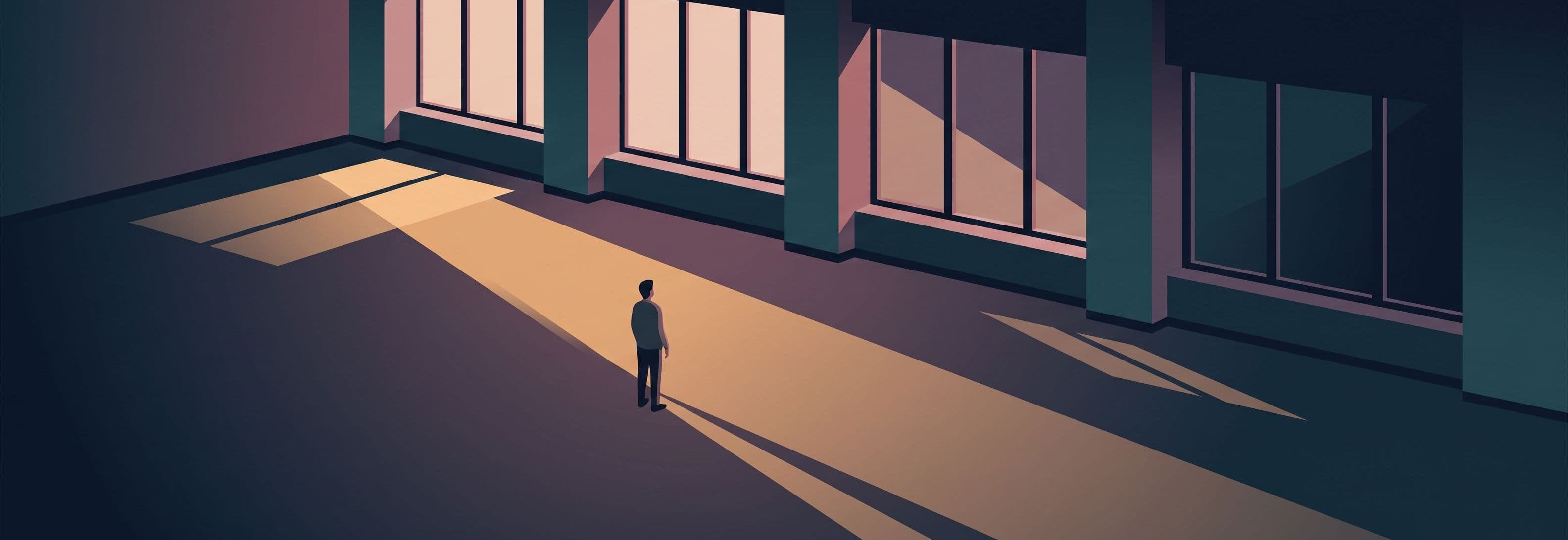Empty office floor with one figure facing four identical windows. Each throws different light—sharp, soft, elongated