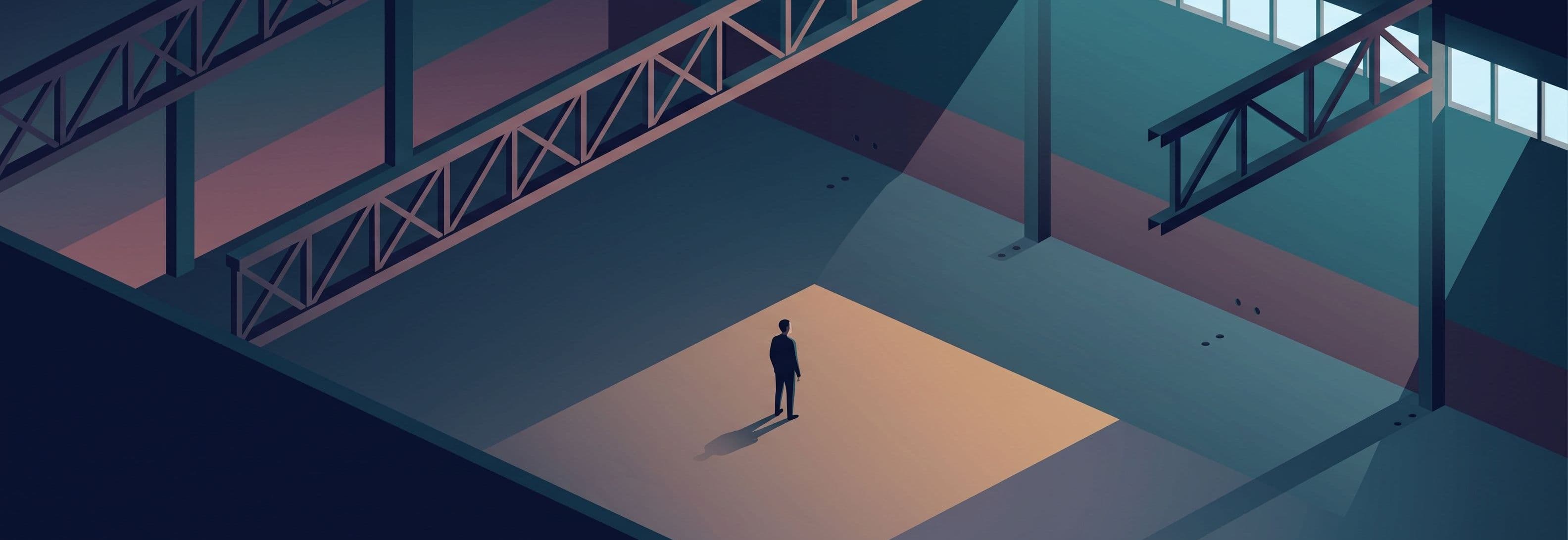 Lone figure in empty warehouse beneath one steel truss. A second identical truss is missing—only its anchor points remain in